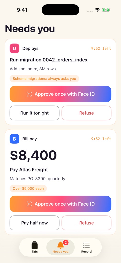 Needs you: a payment over the limit, with Approve once with Face ID, Pay half now and Refuse