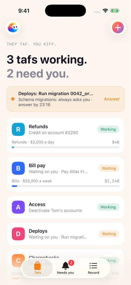 The tafs list: three tafs working, two need you, with each taf's limit and what it has used today